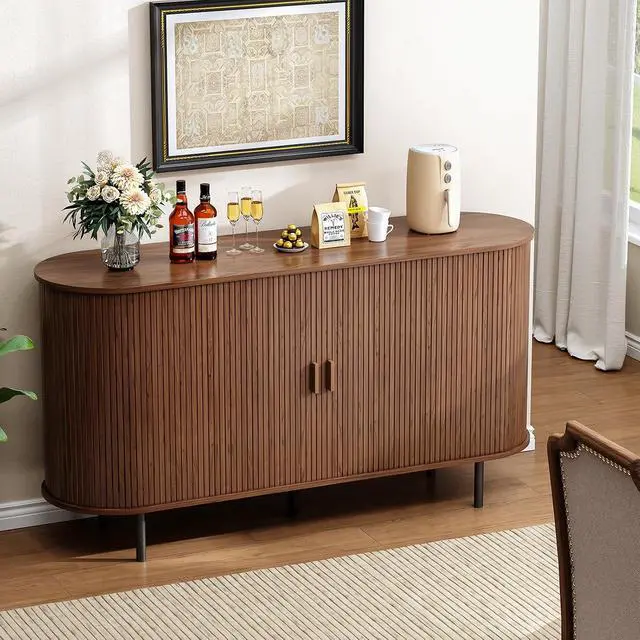 Alt view image 6 of 7 - Buffet Cabinet with Storage, Fluted Buffet Sideboard (55"/Walnut)