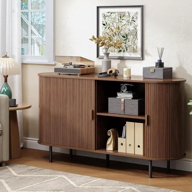 Alt view image 7 of 7 - Buffet Cabinet with Storage, Fluted Buffet Sideboard (55"/Walnut)