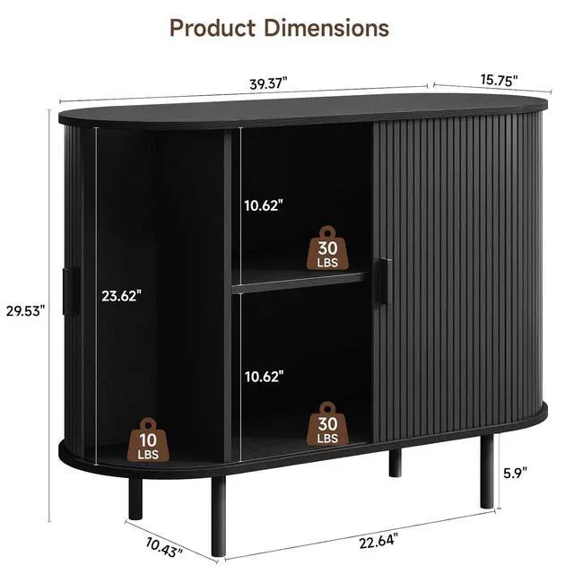Alt view image 2 of 7 - Buffet Cabinet with Storage, Fluted Buffet Sideboard (40"/Black)