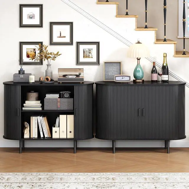 Alt view image 3 of 7 - Buffet Cabinet with Storage, Fluted Buffet Sideboard (40"/Black)