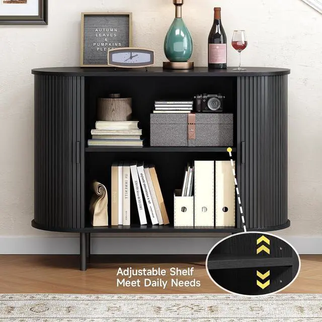 Alt view image 4 of 7 - Buffet Cabinet with Storage, Fluted Buffet Sideboard (40"/Black)