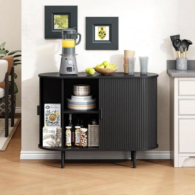 Alt view image 5 of 7 - Buffet Cabinet with Storage, Fluted Buffet Sideboard (40"/Black)