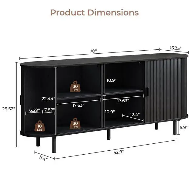Alt view image 2 of 7 - Buffet Cabinet with Storage, Fluted Buffet Sideboard (70"/Black)