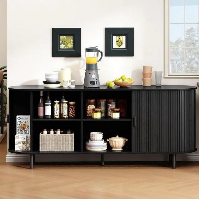 Alt view image 4 of 7 - Buffet Cabinet with Storage, Fluted Buffet Sideboard (70"/Black)