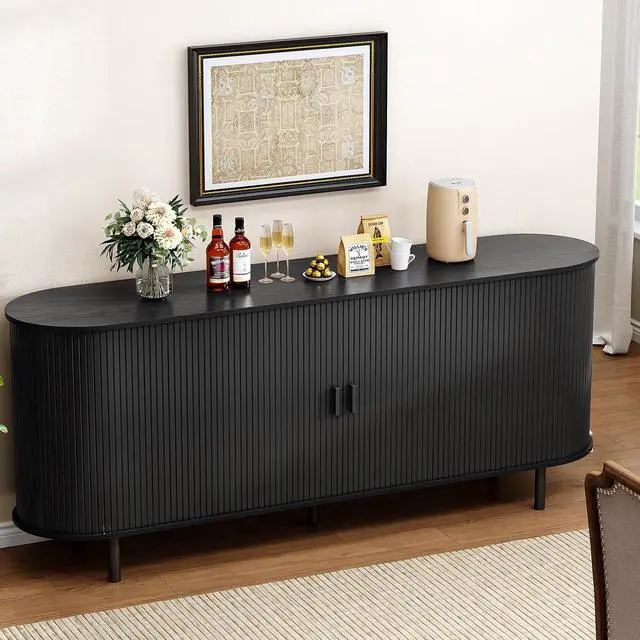 Alt view image 5 of 7 - Buffet Cabinet with Storage, Fluted Buffet Sideboard (70"/Black)