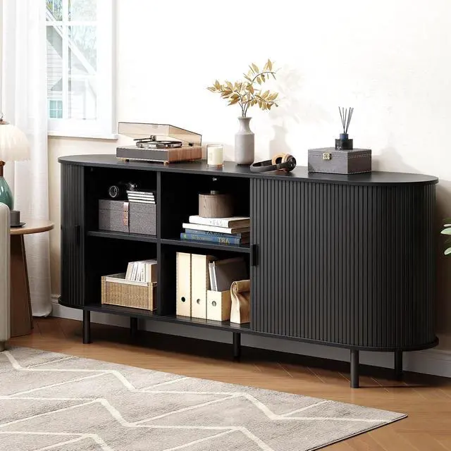 Alt view image 7 of 7 - Buffet Cabinet with Storage, Fluted Buffet Sideboard (70"/Black)