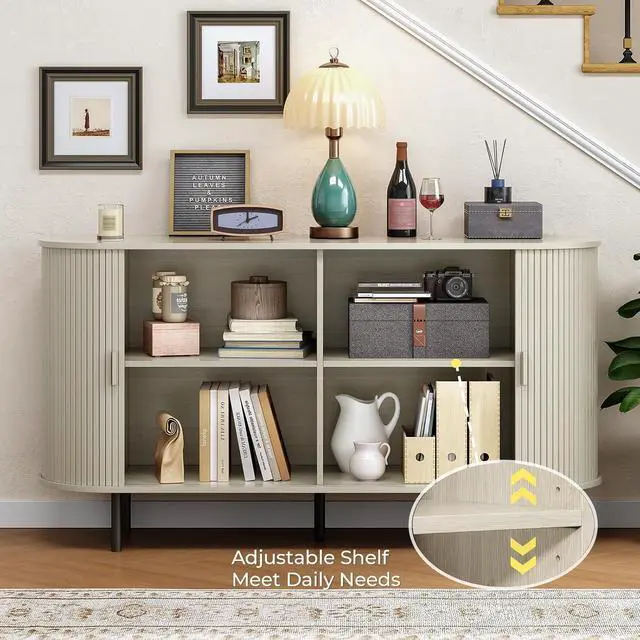 Alt view image 3 of 7 - Buffet Cabinet Storage Fluted Buffet Sideboard(55"/Natural White)