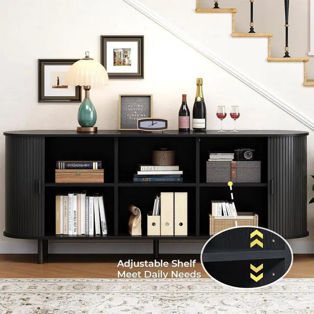 Alt view image 3 of 7 - Buffet Cabinet with Storage, Fluted Buffet Sideboard (70"/Black)