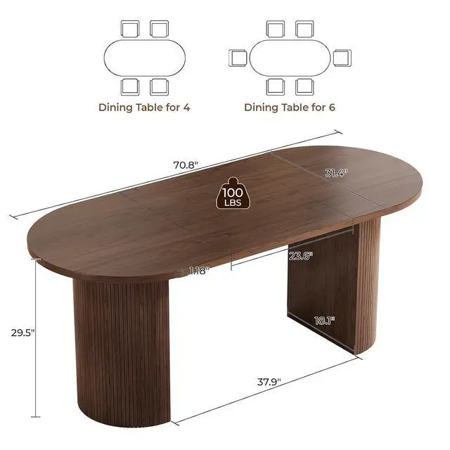 Alt view image 2 of 7 - 70.8" Oval Dining Table for 4-6 with Curved Base, Walnut