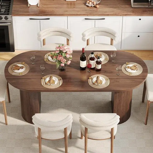 Alt view image 3 of 7 - 70.8" Oval Dining Table for 4-6 with Curved Base, Walnut
