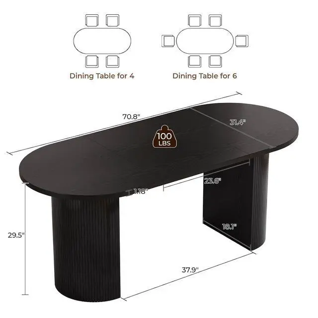 Alt view image 2 of 3 - 70.8" Oval Dining Table for 4-6 with Curved Base, Black
