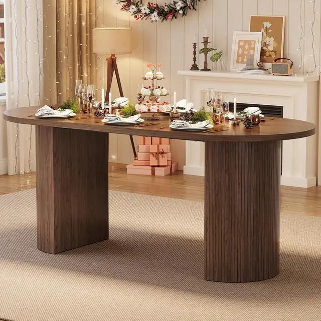 Alt view image 6 of 7 - 70.8" Oval Dining Table for 4-6 with Curved Base, Walnut