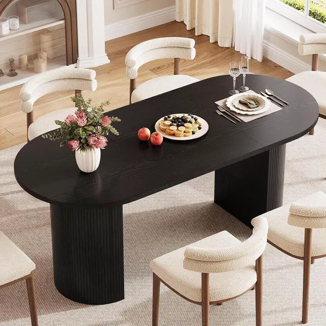Main image of 70.8" Oval Dining Table for 4-6 with Curved Base, Black