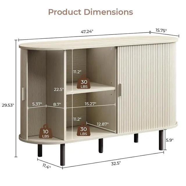 Alt view image 2 of 7 - Buffet Cabinet Storage Fluted Buffet Sideboard(48"/Natural White)