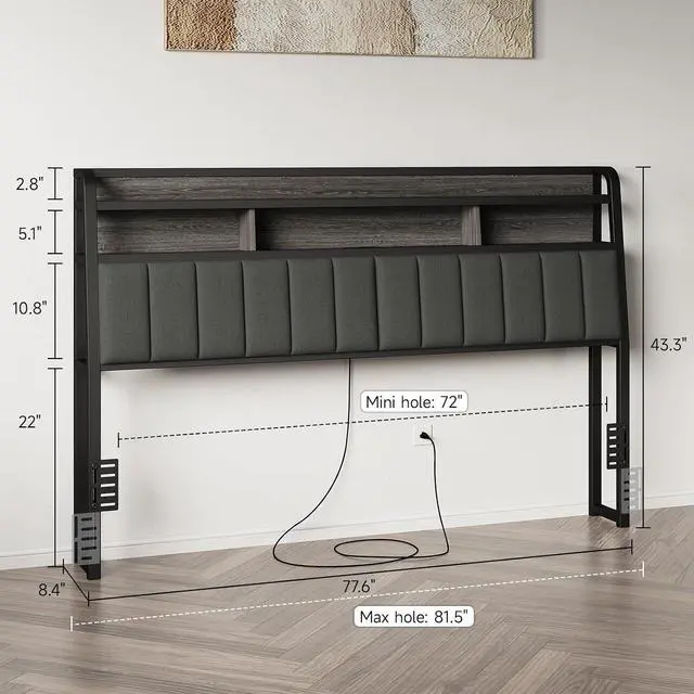 Alt view image 2 of 7 - King Headboard Only with Storage, Charging Station, Black & Grey