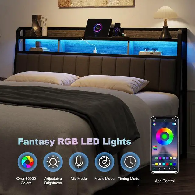 Alt view image 3 of 7 - King Headboard Only with Storage, Charging Station, Black & Grey