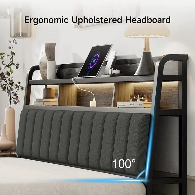 Alt view image 5 of 7 - King Headboard Only with Storage, Charging Station, Black & Grey