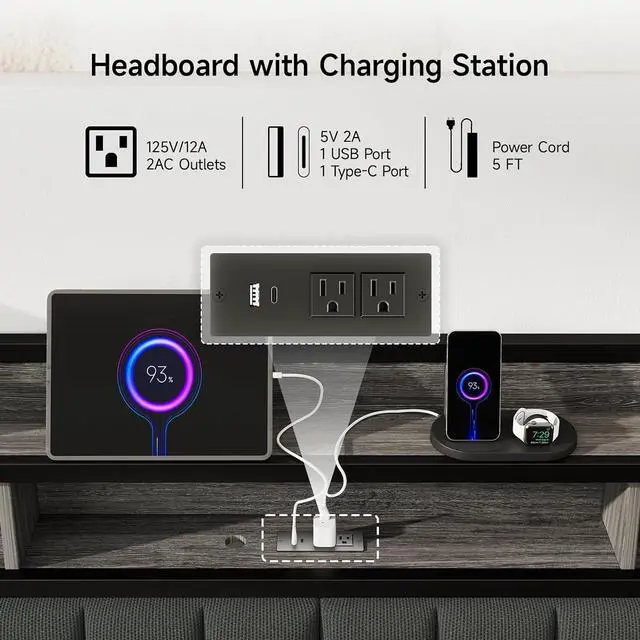 Alt view image 4 of 7 - King Headboard Only with Storage, Charging Station, Black & Grey