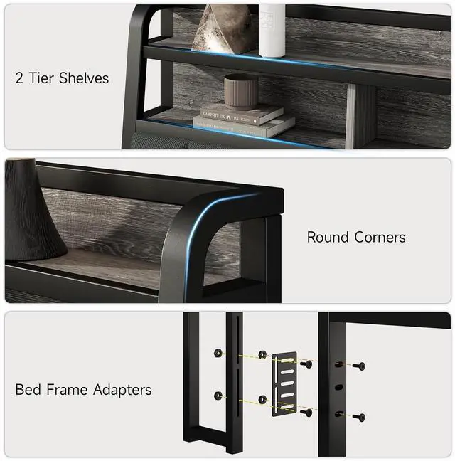 Alt view image 6 of 7 - King Headboard Only with Storage, Charging Station, Black & Grey
