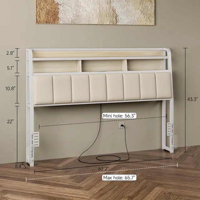 Alt view image 2 of 7 - Queen Headboard Only with Storage, Charging Station, Off White