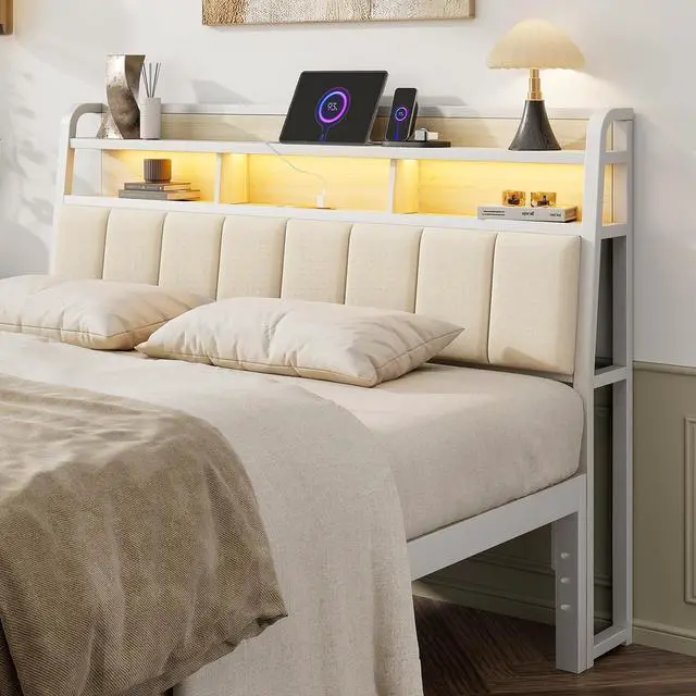 Main image of Queen Headboard Only with Storage, Charging Station, Off White