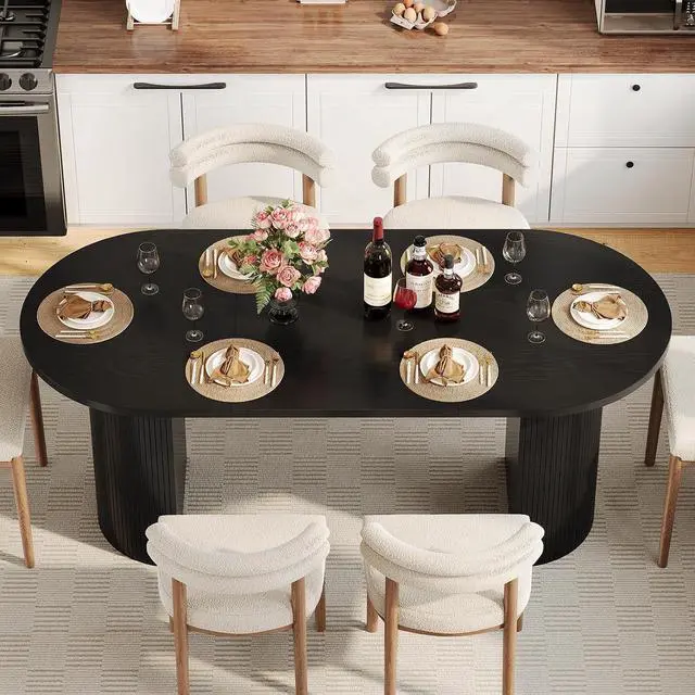 Alt view image 3 of 3 - 70.8" Oval Dining Table for 4-6 with Curved Base, Black