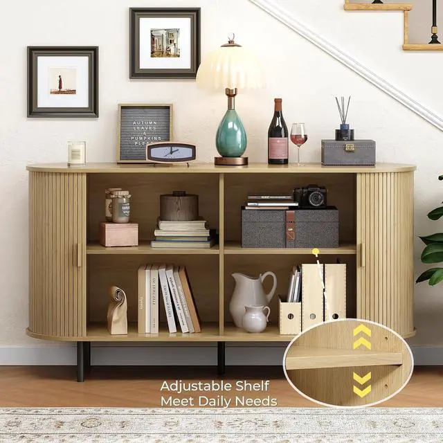Alt view image 3 of 7 - Buffet Cabinet with Storage, Fluted Buffet Sideboard (55"/Oak)