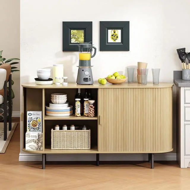 Alt view image 4 of 7 - Buffet Cabinet with Storage, Fluted Buffet Sideboard (55"/Oak)