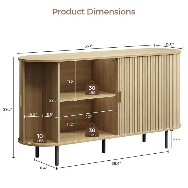 Alt view image 2 of 7 - Buffet Cabinet with Storage, Fluted Buffet Sideboard (55"/Oak)