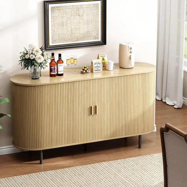 Alt view image 6 of 7 - Buffet Cabinet with Storage, Fluted Buffet Sideboard (55"/Oak)