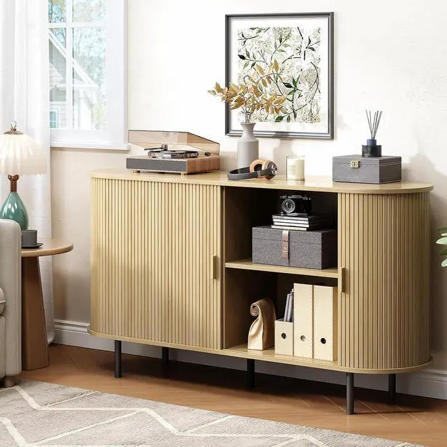 Alt view image 7 of 7 - Buffet Cabinet with Storage, Fluted Buffet Sideboard (55"/Oak)