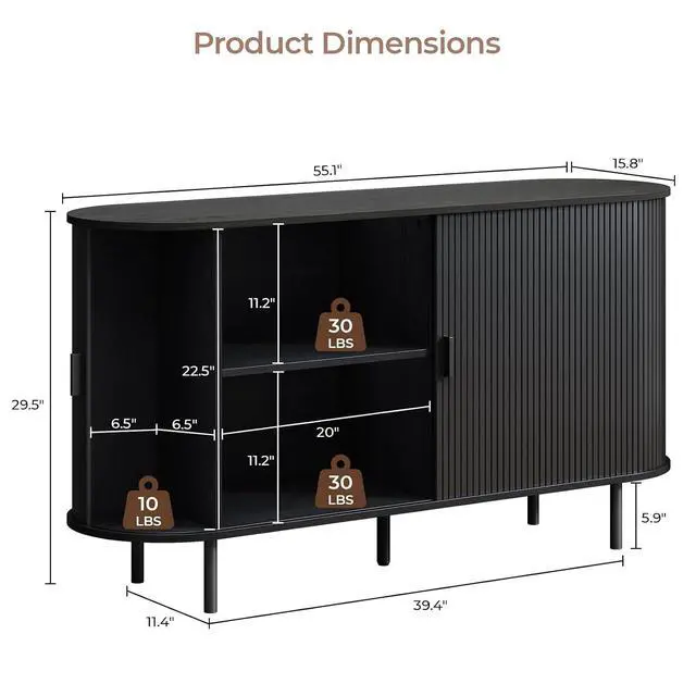Alt view image 2 of 7 - Buffet Cabinet with Storage, Fluted Buffet Sideboard (55"/Black)