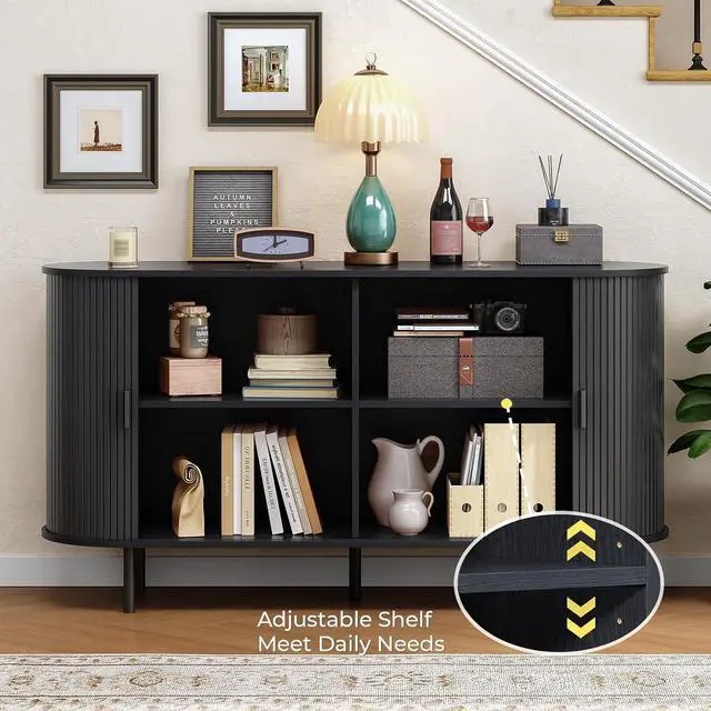 Alt view image 3 of 7 - Buffet Cabinet with Storage, Fluted Buffet Sideboard (55"/Black)