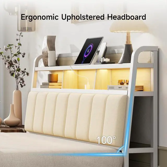 Alt view image 5 of 7 - Queen Headboard Only with Storage, Charging Station, Off White