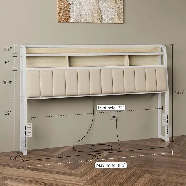 Alt view image 2 of 7 - King Headboard Only with Storage, Charging Station, Off White