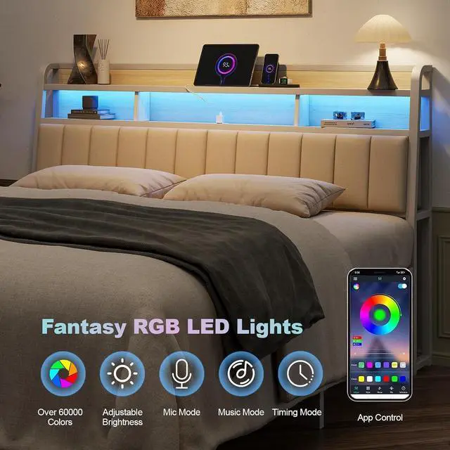 Alt view image 3 of 7 - King Headboard Only with Storage, Charging Station, Off White