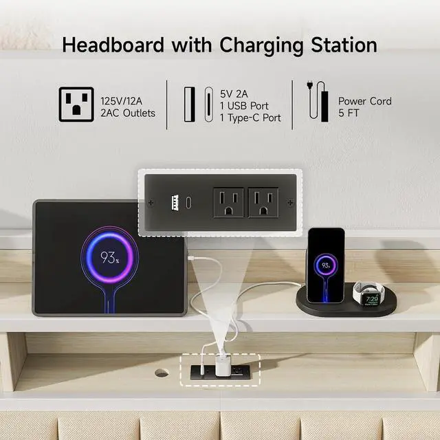 Alt view image 4 of 7 - King Headboard Only with Storage, Charging Station, Off White