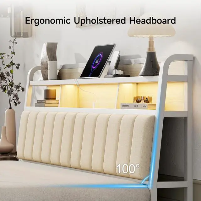 Alt view image 5 of 7 - King Headboard Only with Storage, Charging Station, Off White