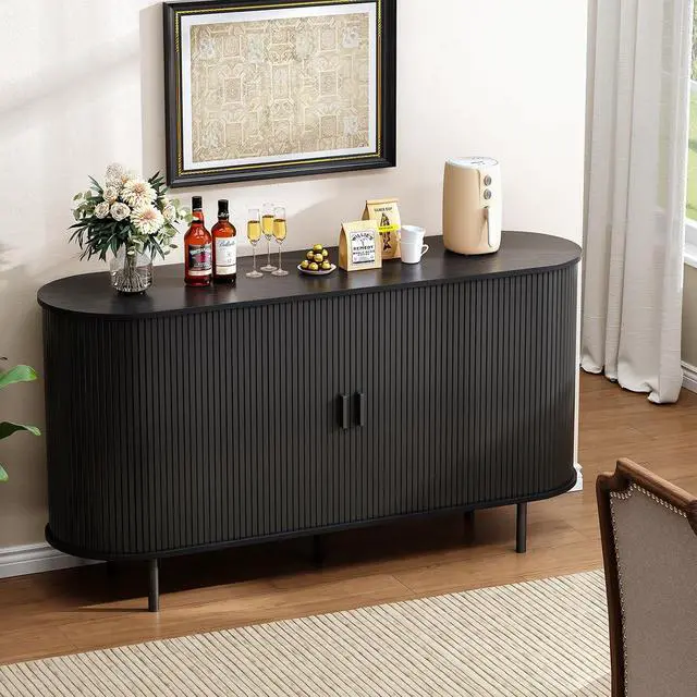 Alt view image 5 of 7 - Buffet Cabinet with Storage, Fluted Buffet Sideboard (55"/Black)
