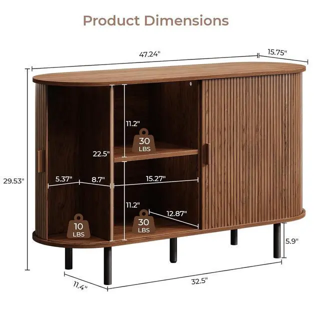 Alt view image 2 of 7 - Buffet Cabinet with Storage, Fluted Buffet Sideboard (48"/Walnut)