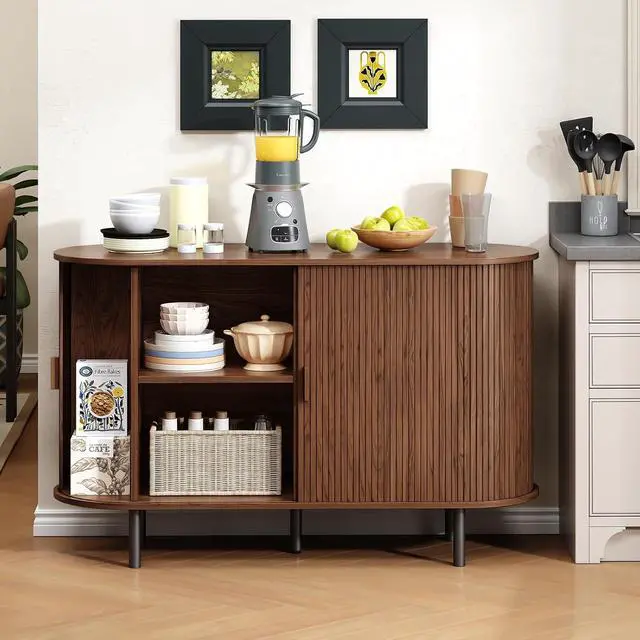 Alt view image 4 of 7 - Buffet Cabinet with Storage, Fluted Buffet Sideboard (48"/Walnut)