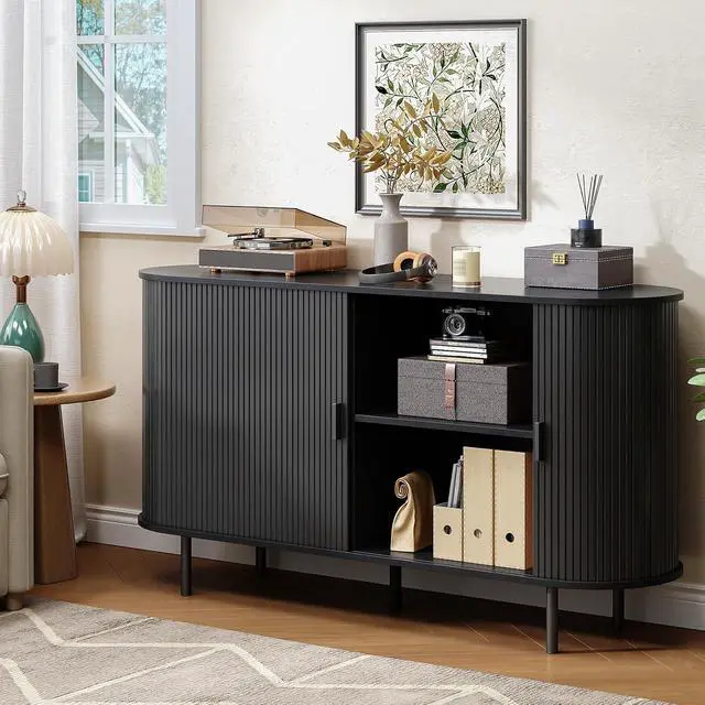 Alt view image 7 of 7 - Buffet Cabinet with Storage, Fluted Buffet Sideboard (55"/Black)