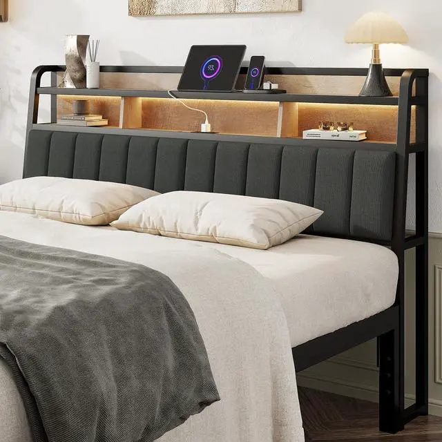 Main image of King Headboard Only with Storage, Charging Station, Black & Brown