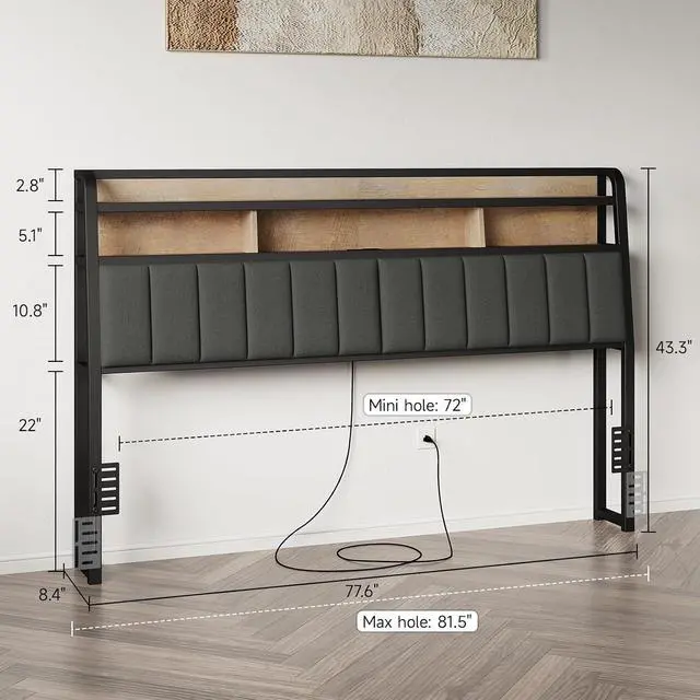 Alt view image 2 of 7 - King Headboard Only with Storage, Charging Station, Black & Brown