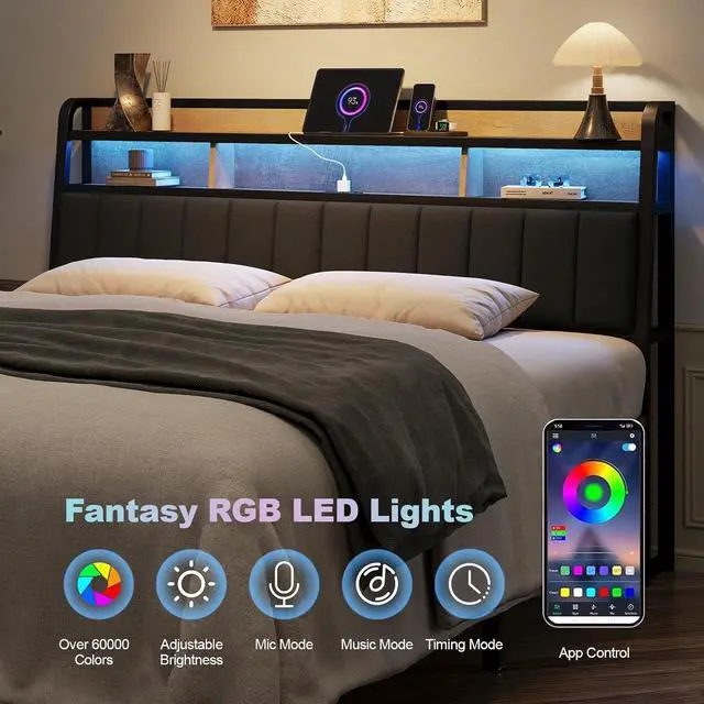 Alt view image 3 of 7 - King Headboard Only with Storage, Charging Station, Black & Brown