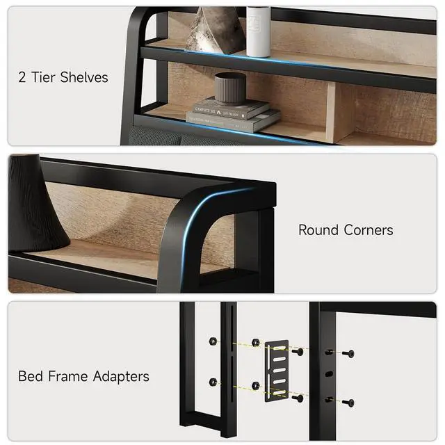 Alt view image 6 of 7 - King Headboard Only with Storage, Charging Station, Black & Brown