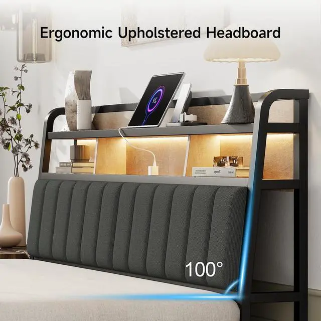 Alt view image 5 of 7 - King Headboard Only with Storage, Charging Station, Black & Brown