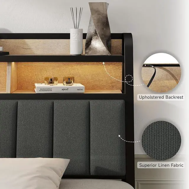 Alt view image 7 of 7 - King Headboard Only with Storage, Charging Station, Black & Brown