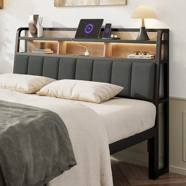 Main image of Queen Headboard Only with Storage, Charging Station, Black&Brown