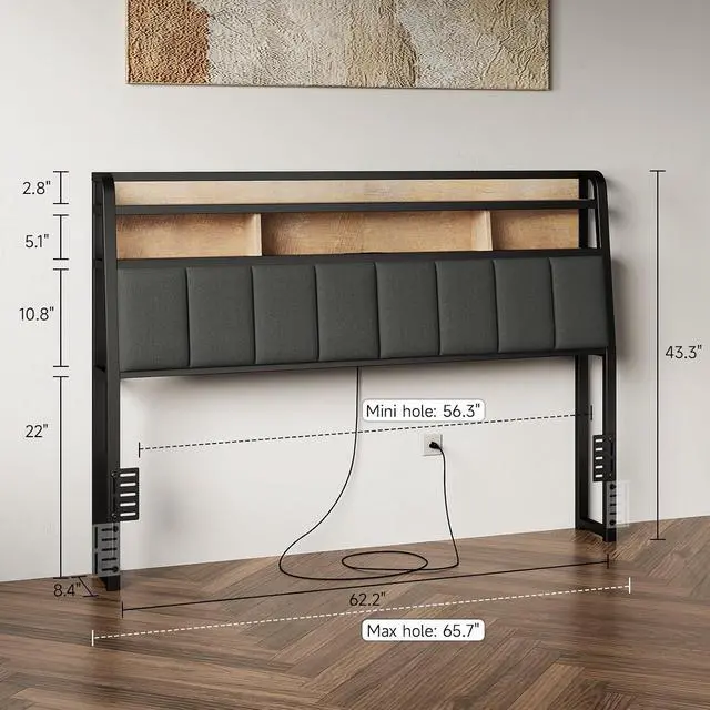 Alt view image 2 of 7 - Queen Headboard Only with Storage, Charging Station, Black&Brown